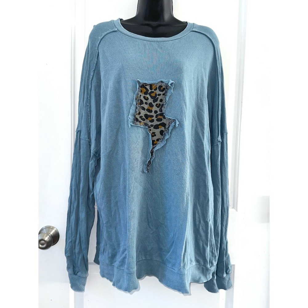 Easel Blue Sweatshirt with Leopard Print Lightning Bolt - Picture 2 of 6